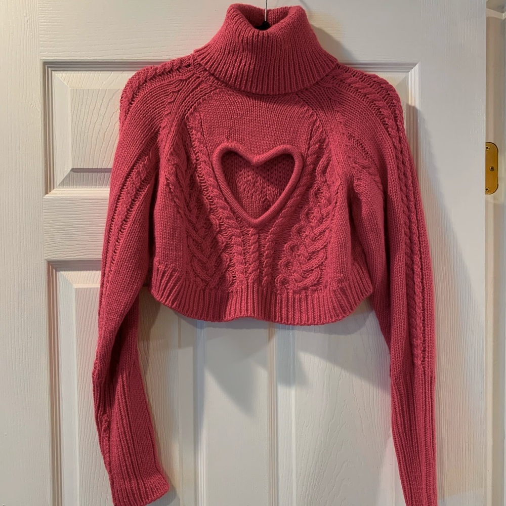 For Love and Lemons Pink Heart Cut Out Cable Knit Sweater